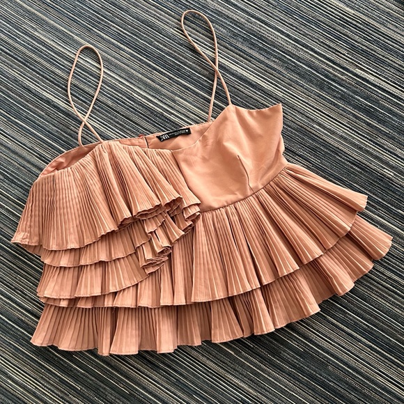 Zara XS Asymmetric Layered Pleated Ruffle Sleeveless Blouse Dusty Pink - Picture 4 of 10